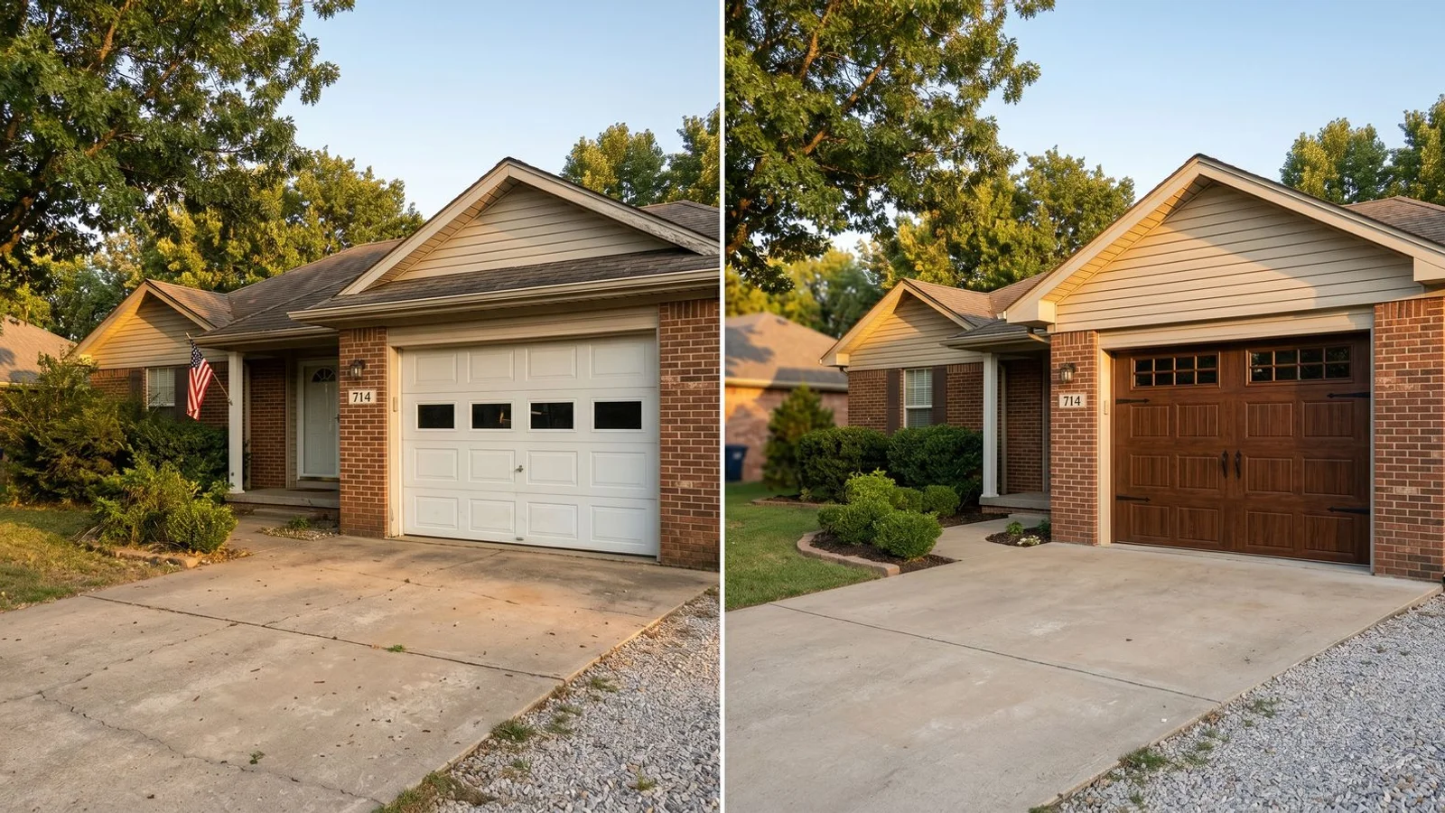 Bentonville home with new composite overlay carriage-style garage door, before and after comparison