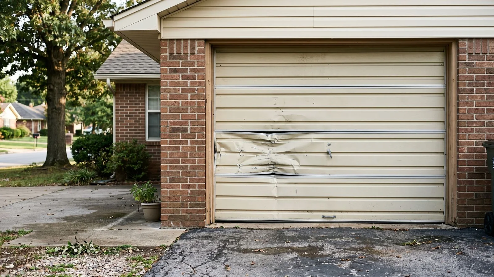 Garage door panel with vehicle-impact damage