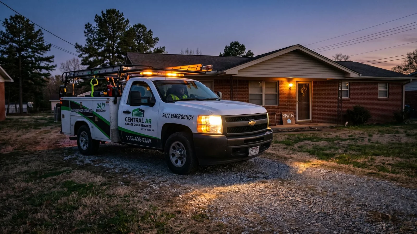 Emergency service truck arriving at residential driveway at dusk