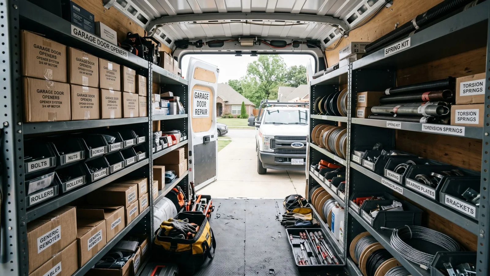 Service truck with multi-brand garage door parts
