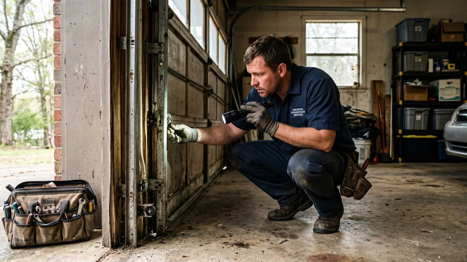 Technician inspecting noisy garage door rollers