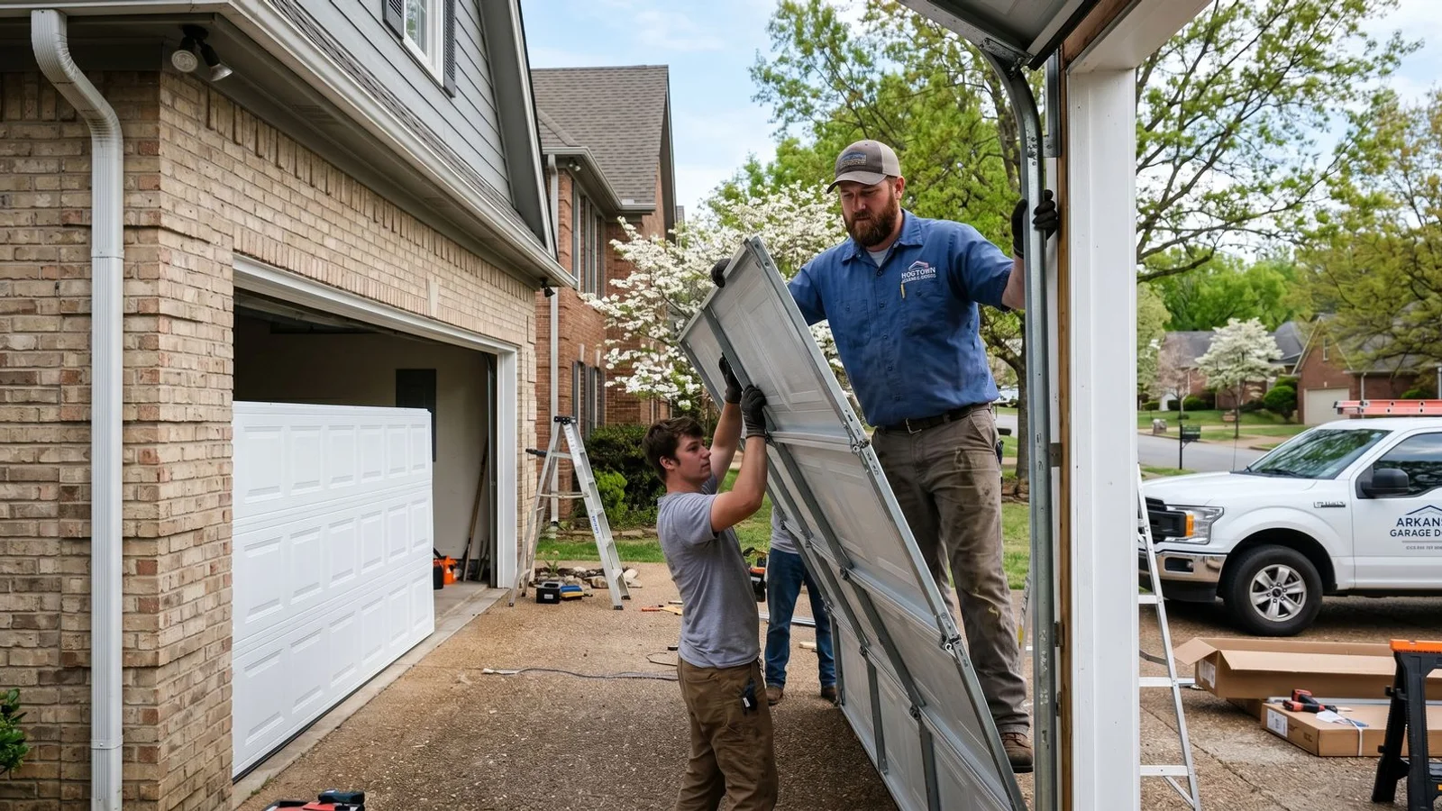 Two technicians installing a new garage door panel