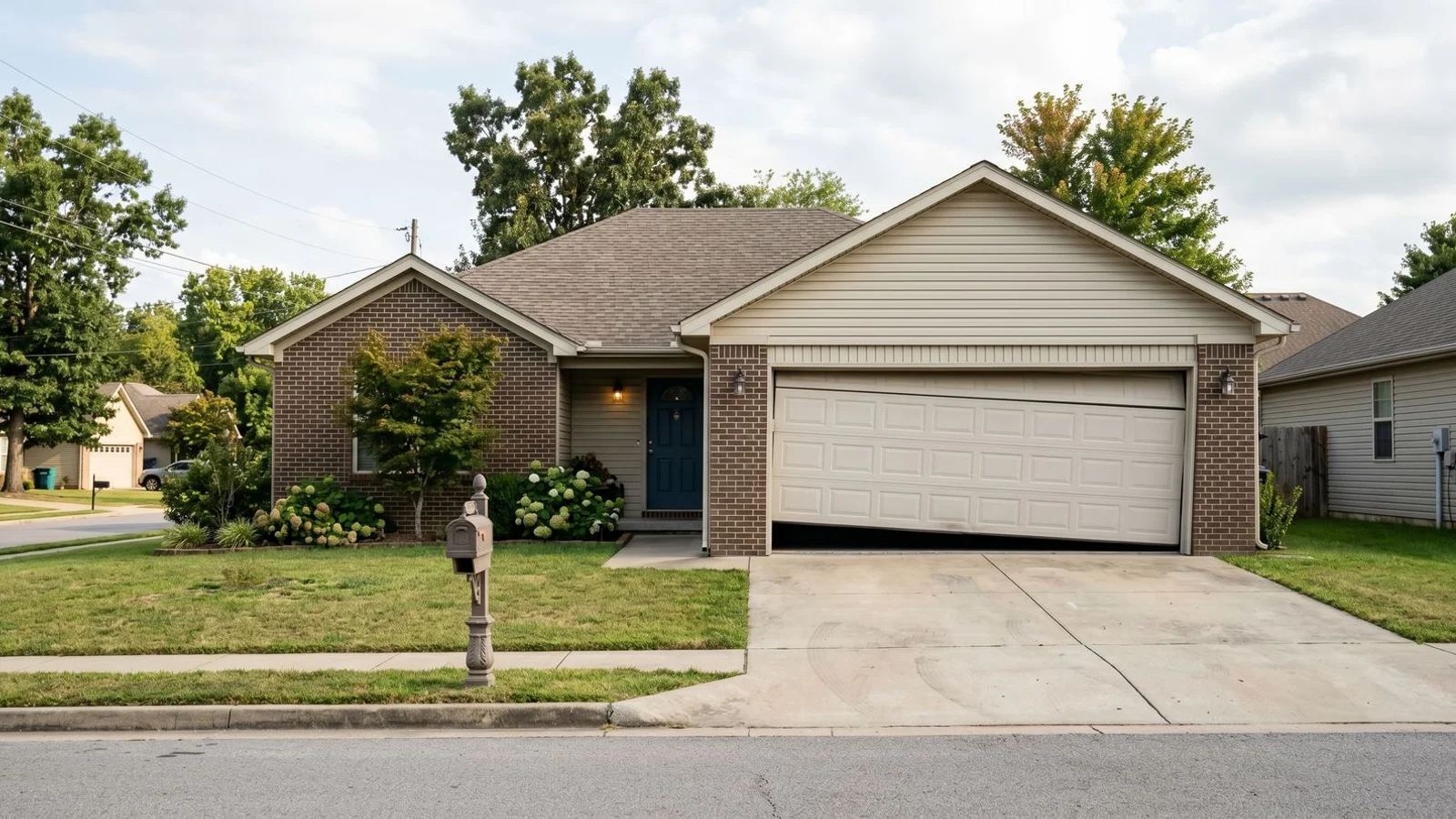 Tilted residential garage door with one corner sagging